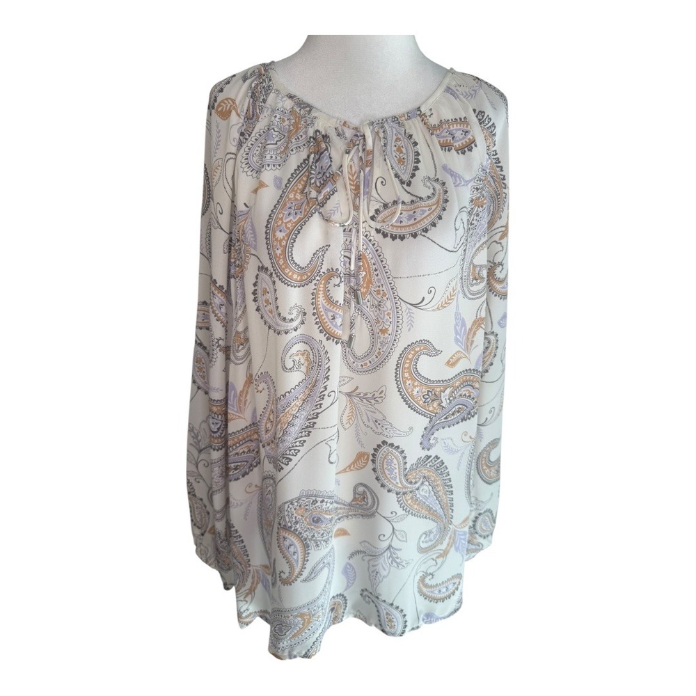 Grace the Perfect Fit 3X Paisley Print Tie Neck Long Sleeve Blouse Top NWT